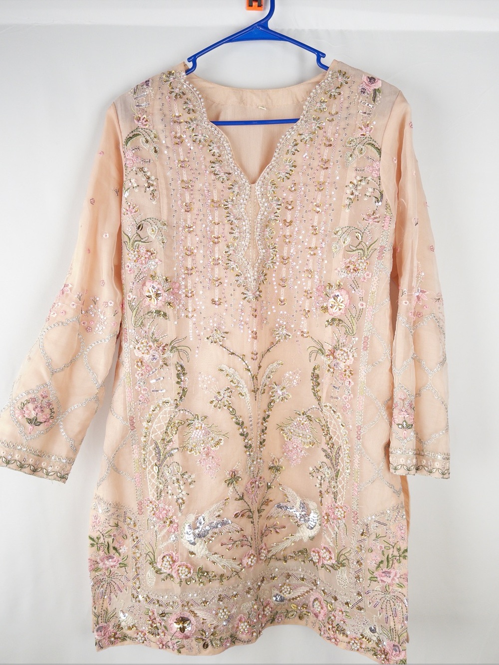 3 piece Fancy Dress Embellished Peach Pakistani Tunic with Floral Beading